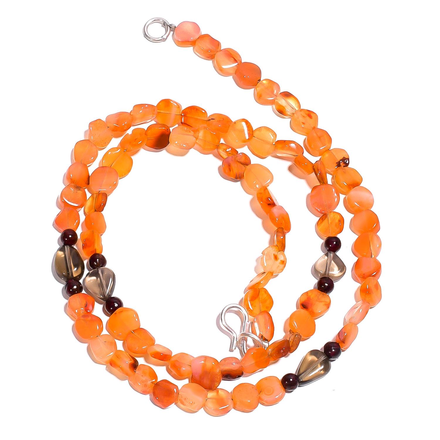 

Natural Carnelian Smoky Quartz Garnet Gemstone Smooth Beads Necklace 17 UB-4057 UB-4057