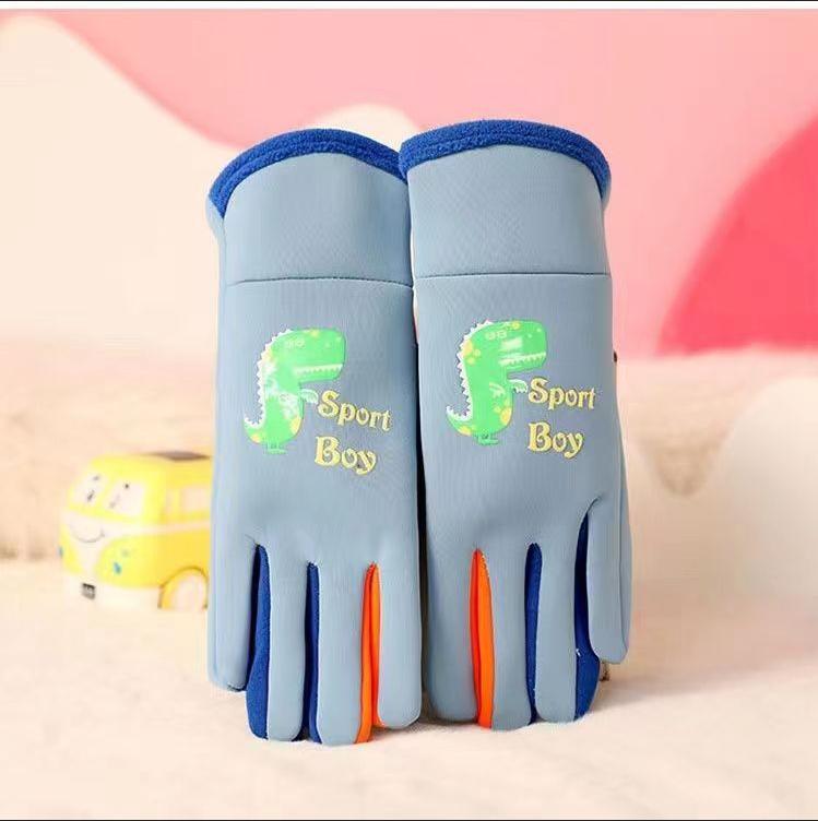 Kış Çocuk Eldivenleri Çizgi Film Dinozor Floresan Bisiklet Çocuk Sıcak Spor Kayak Rüzgar Geçirmez Su Geçirmez Erkek Kız Eldivenleri