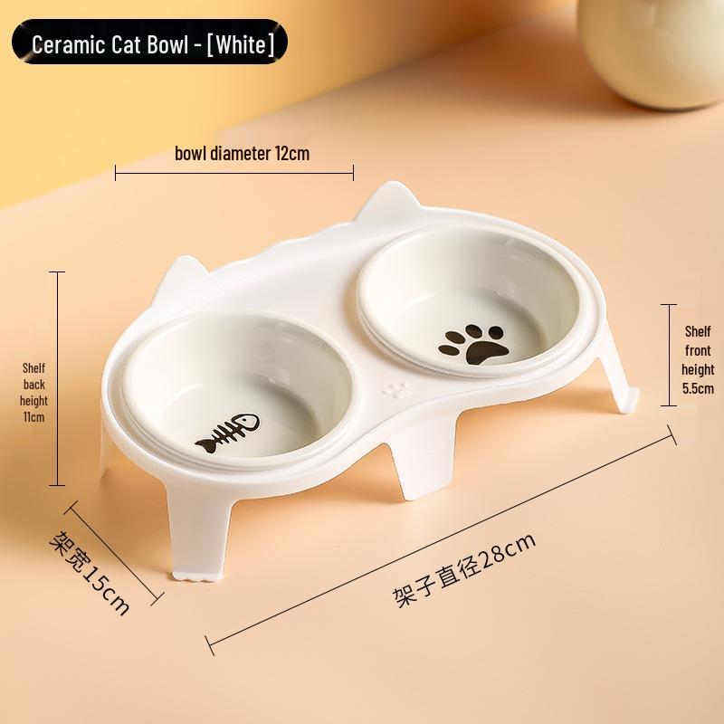 Ceramic Double Cat Bowl with Elevated Slanted Design for Cervical Protection - Ideal for Food and Water