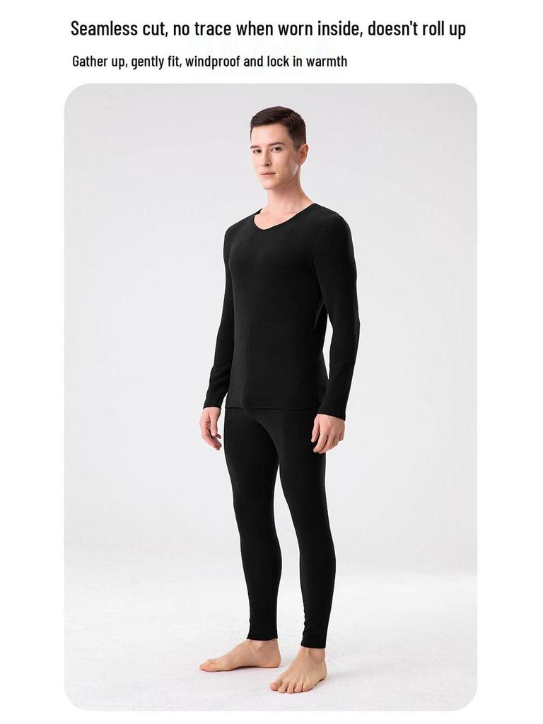 Men's Wool-Silk-Acrylic Seamless Fleece-Lined Warm Underwear Set