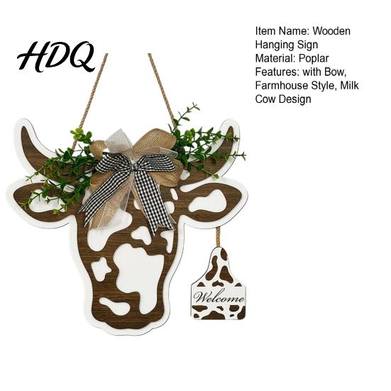 Cow Head Wall Decoration Milk Hanging Sign Rustic Wooden Welcome Sign with Bow And Artificial Pattern Plaque Leaves Door for Front Door Porch,