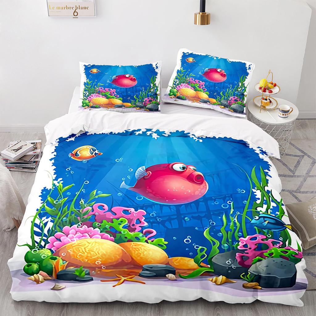 Underwater World King Queen Duvet Cover Cartoon Ocean Animal Bedding Set For Kids Fish Coral Sea Life Soft Polyester Quilt Cover