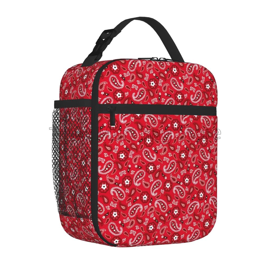 Red Black Paisley Mandala Lunch Box Portable Insulated Lunch Bag Reusable Cooler Tote Bag for Women Men Work Picnic Beach Hiking