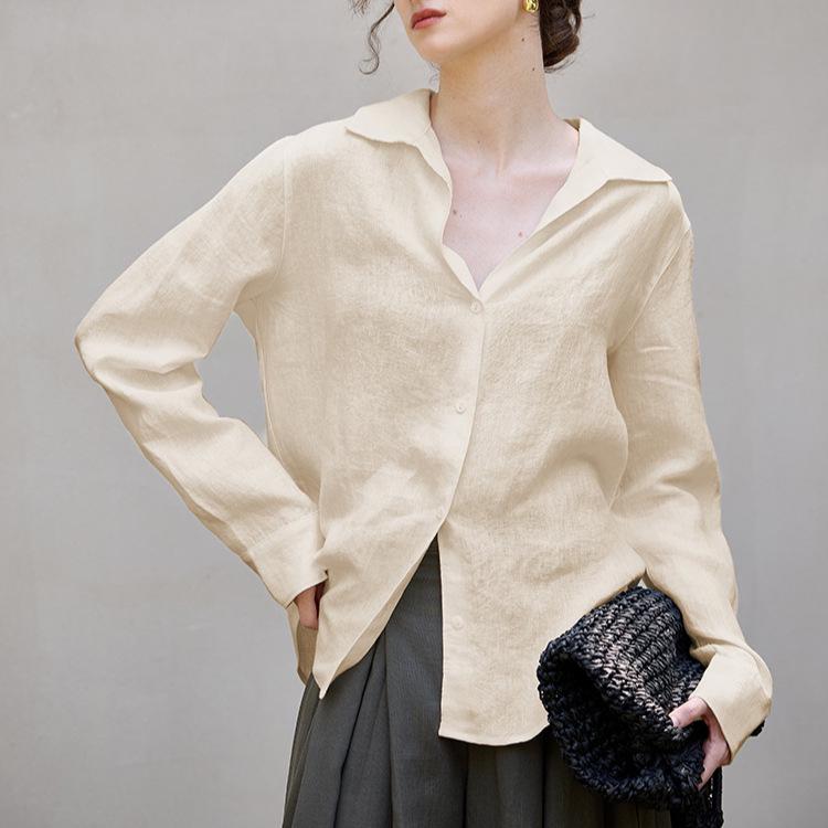 

Vintage Style 100% Linen Turn-Down Collar Women s Long Sleeve Mid-Length Shirt Coat for Spring/Autumn Large