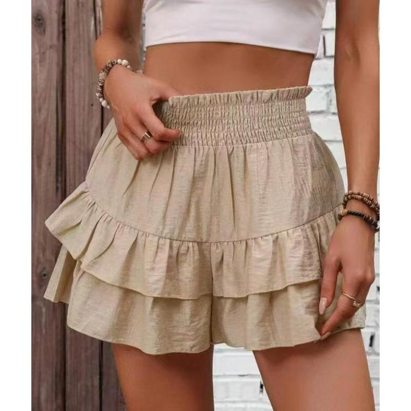 women s Solid Color High Waist Smocked Ruffle Layered Cake Tiered Casual Skort Shorts S абрикосовый