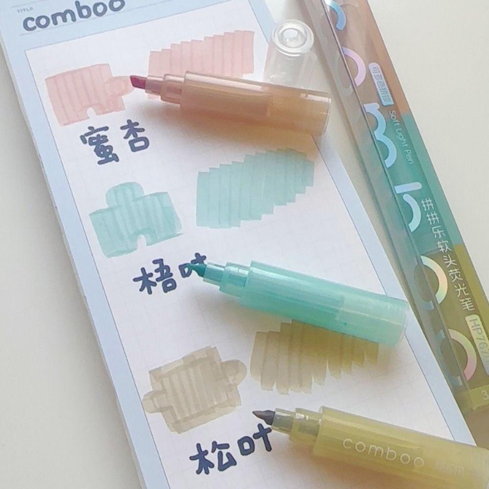 Portable 3 Colors In 1 Comboo Highlighter Pen Mild Colors Note Taking Fluorescent Marker Pen Soft Tip Marker Pens Set Study