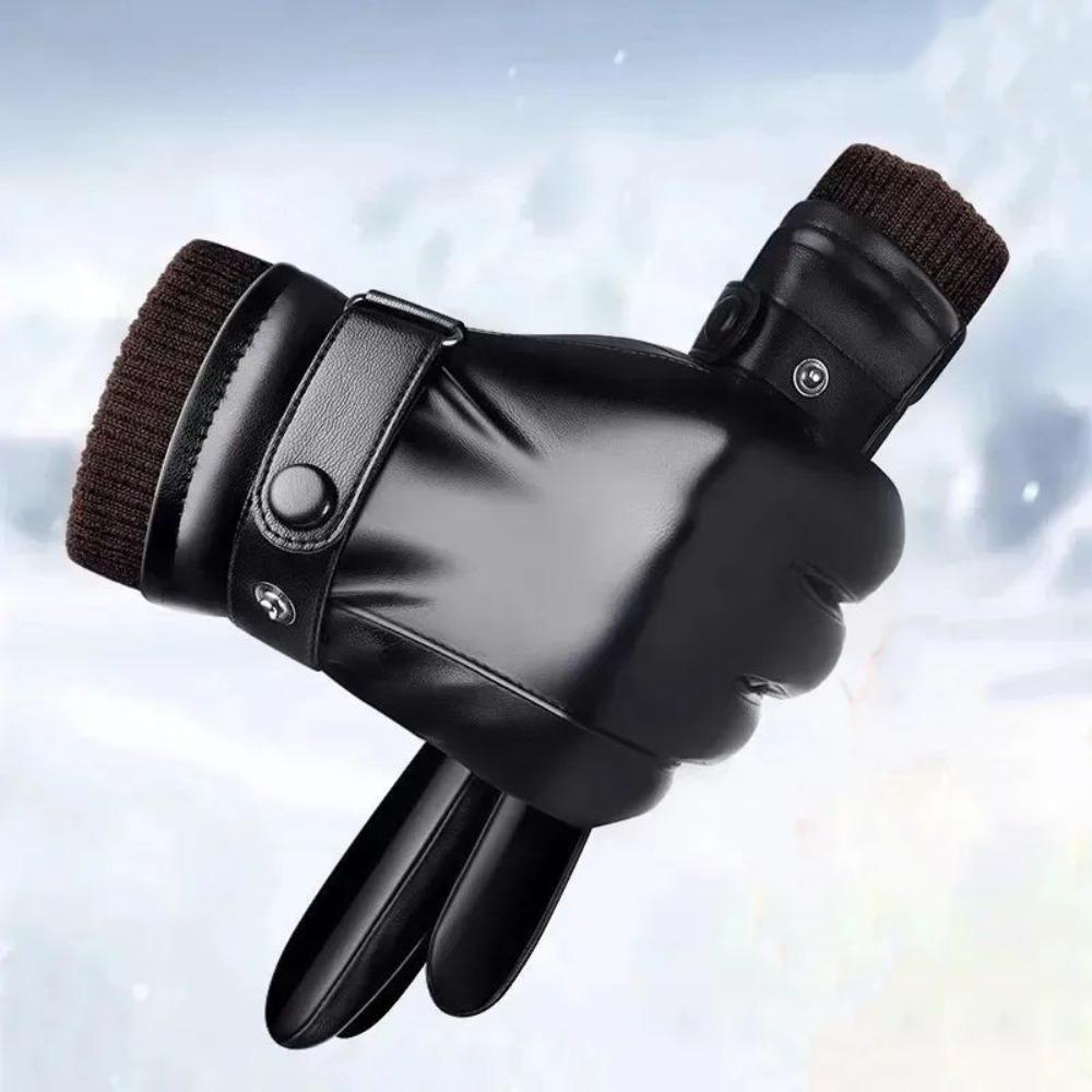 Men's PU Leather Gloves Keep Warm Motorcycle Full Finger Mittens  Man