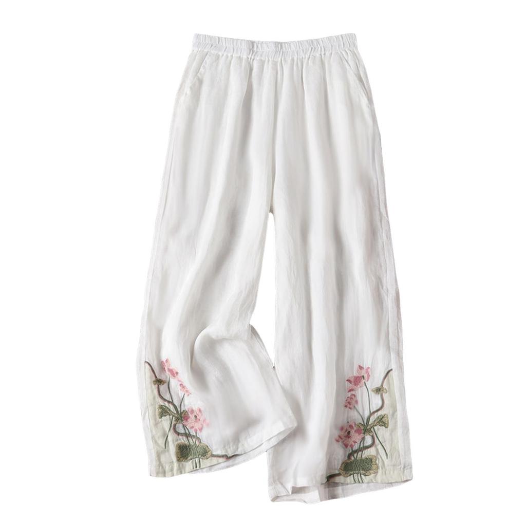 Retro Embroidery Pants Pleated Loose Leisure Versatile Wide Leg Pants Bohemian Vacation Slanted Pocket Breathable Trousers