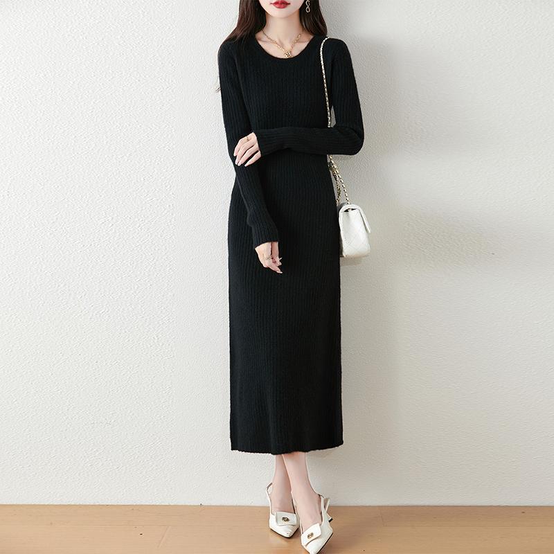 

Женское платье-свитер 100% шерсть MODERN NEW SAGA O-образный вырез трикотажный длинный пуловер зимние джемперы шерстяное длинное платье женское 2XL чёрный