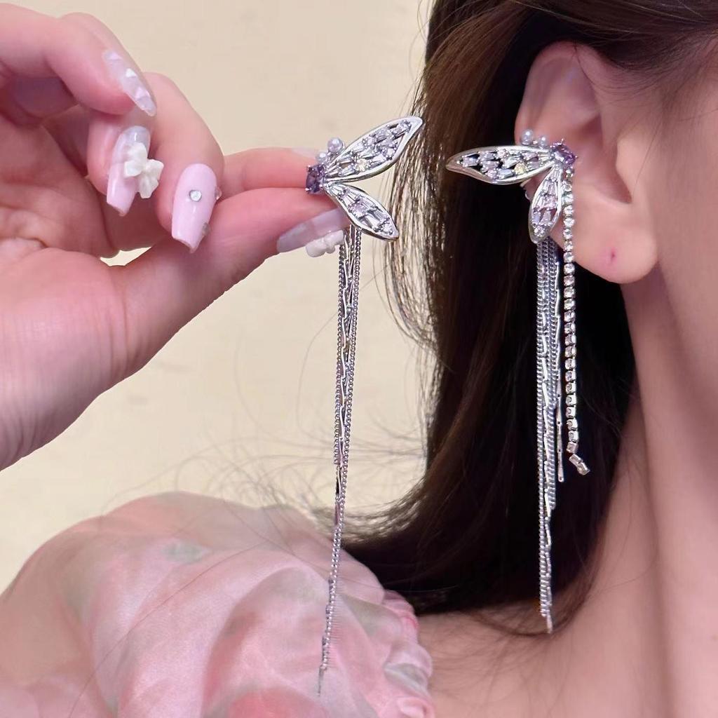 Mori-Style Elf Ear Cuff with Colorful Zircon Butterfly Tassels - Elegant, Luxurious No-Pierce Ear Clips