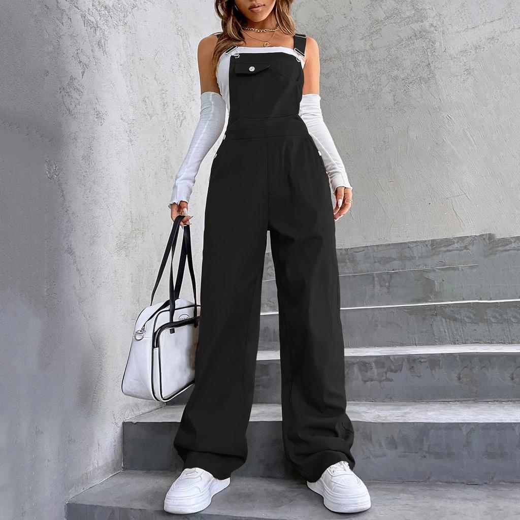 Damen Mode Vintage Tasche Gerade Bein Arbeitskleidung Overalls Lässige Hose Farbe Jumpsuit