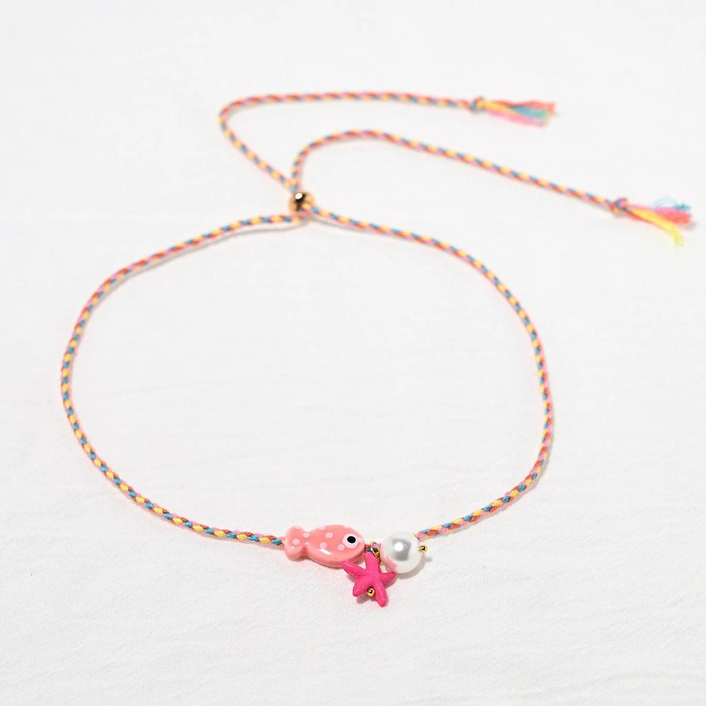 Colorful Bohemian Ceramic Fish Pendant Necklace for Women Adjustable Multicolored Rope Choker Jewelry for Summer Beach Vacation