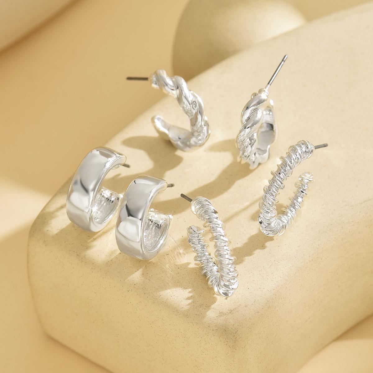 

1 комплект/3 пары креативных простых круглых витых волнистых гладких сережек-гвоздиков для женщин, мужчин, пар, подарок на День матери one size серебряный