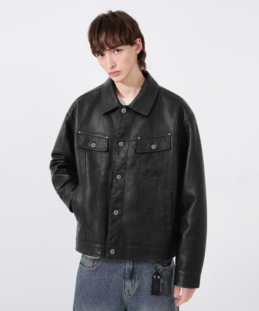 DIMITRI BLACK Faux Leather Riders Trucker Jacket_2 Color