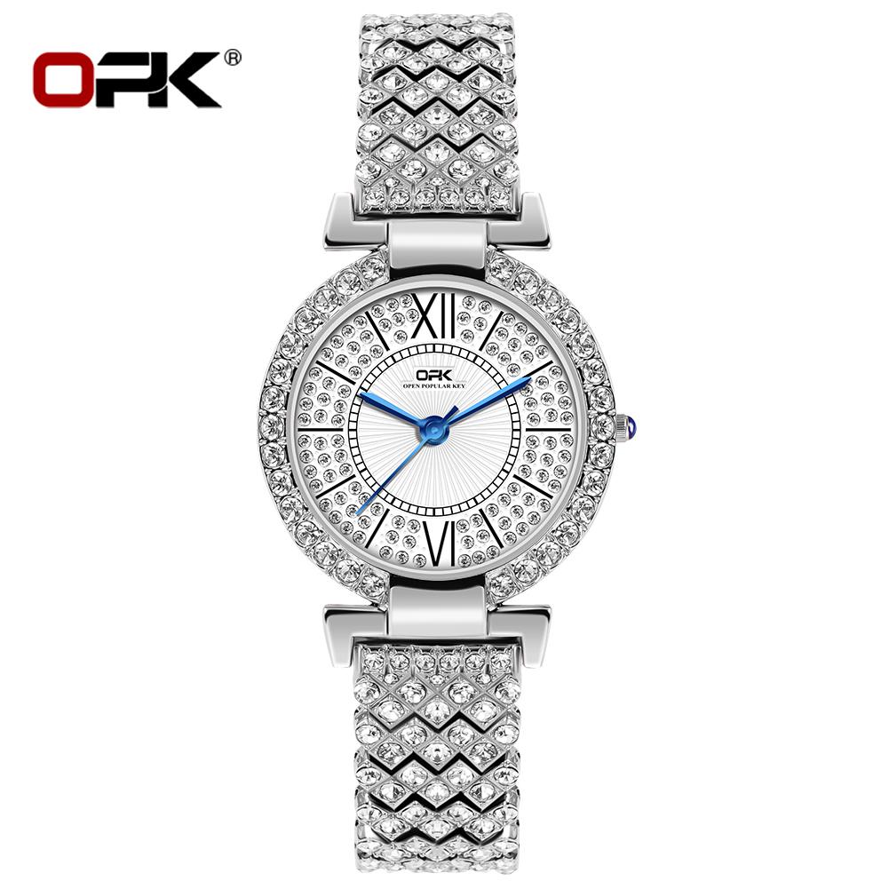 OPK Brand Full Diamond Waterproof Roman Scale Steel Belt Ladies Quartz Watch 8618