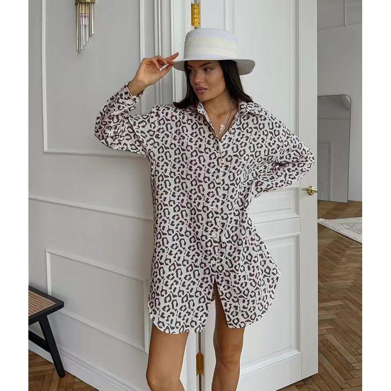 

European and American Lace-up Leopard Print Long sleeve Shirts Fashion Casual Shirt Lace up Leopard Print Shirt Brown M