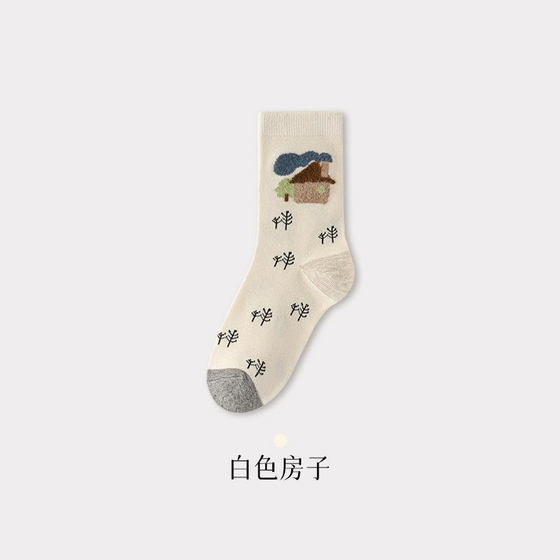 Vintage Cartoon Socks Thickened Mid-Leg Socks Cotton Sweat-Wicking Breathable Hemifleece Jacquard Cute And Versatile