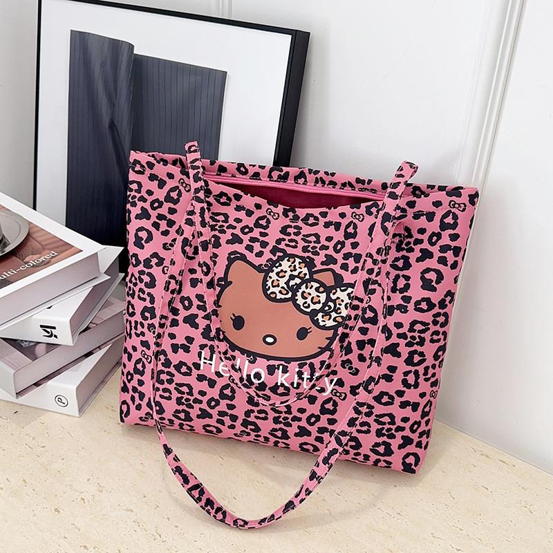 Hello Kitty Leopard Print Canvas Girls Shoulder Bag With Breathable Lightweight Fabric For School And Daily Use