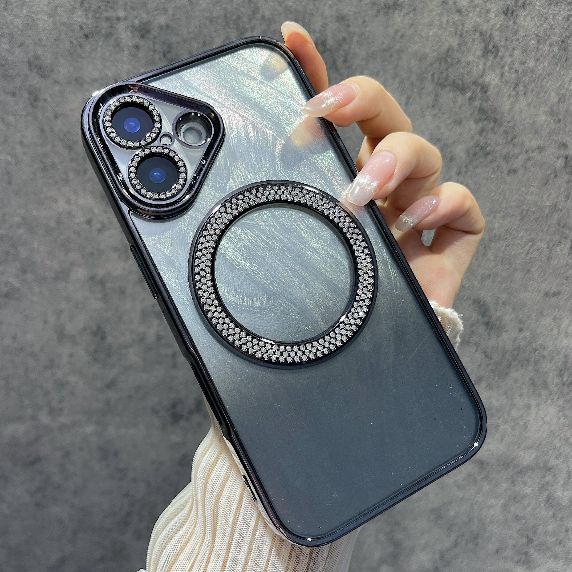 

For iPhone 16 Plus Magnetic Case Feather Texture Bling Sparkly TPU+PC Phone Cover Black