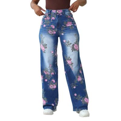 Blue Flower Pocket Plus Size Wide Leg Pants For Women Jeans