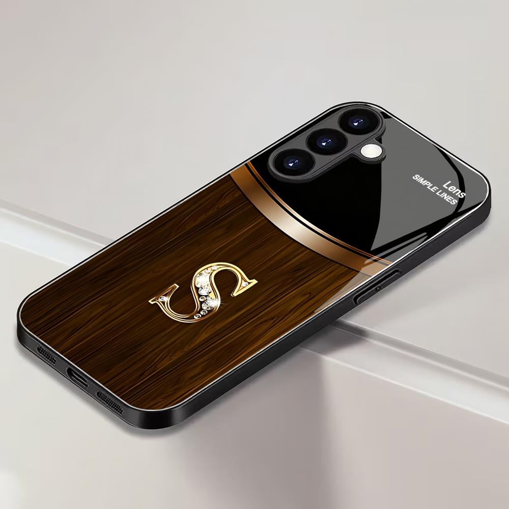 Wood grain letter S black glass phone case suitable for Samsung Galaxy S26 S25 S24 S23 S22 S21 S20 FE/Ultra/Plus anti drop