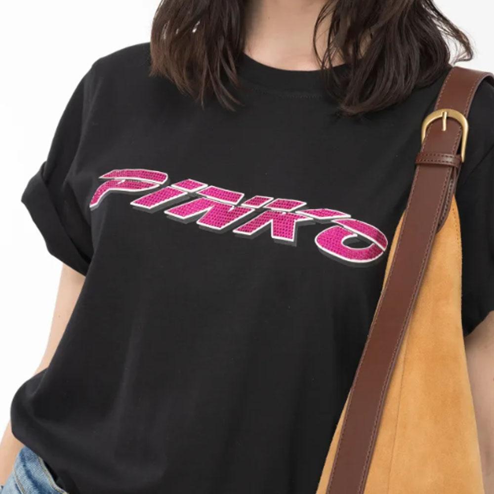 PINKO Letter Rhinestone Print Round Neck Straight Short Sleeve T-Shirt Women tops Black 103138A1P7-ZW1