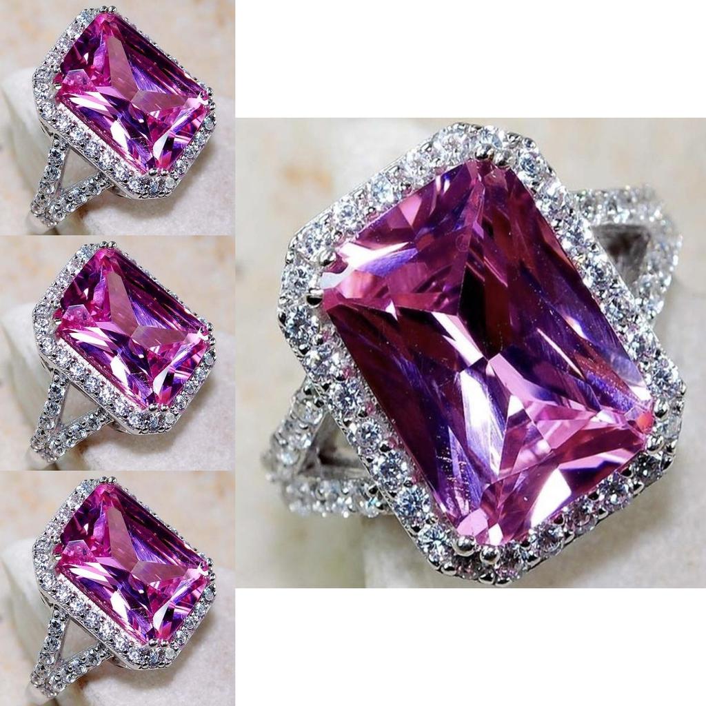 Elegant Pink Sapphire White Topaz Silver Plated Ring With Square Red Corundum
