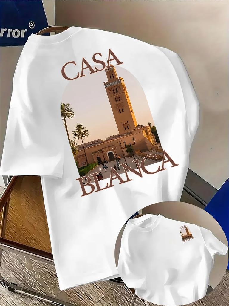 Herren T-Shirt mit marokkanischer Stadtarchitektur Stranddruck Reiner Baumwollstoff mit Casablanca Schriftzug - Sportliches und lässiges Damen YTK T-Shirt