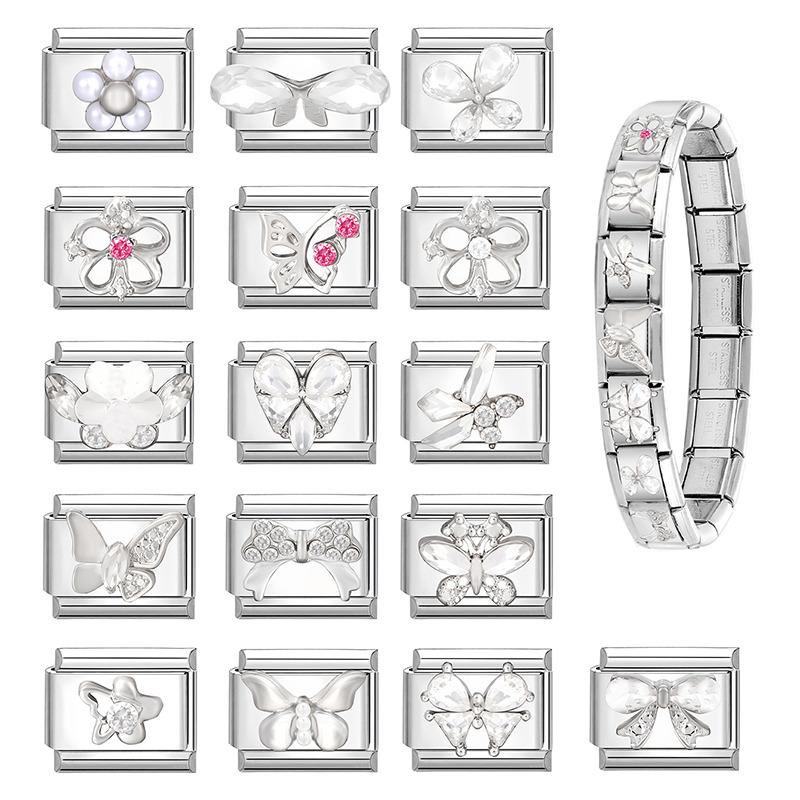 New Shiny Zircon Heart Butterfly Flower Star Bow Italian Charm Links Fit 9MM Stainless Steel Bracelet Girls' DIY Making Gift