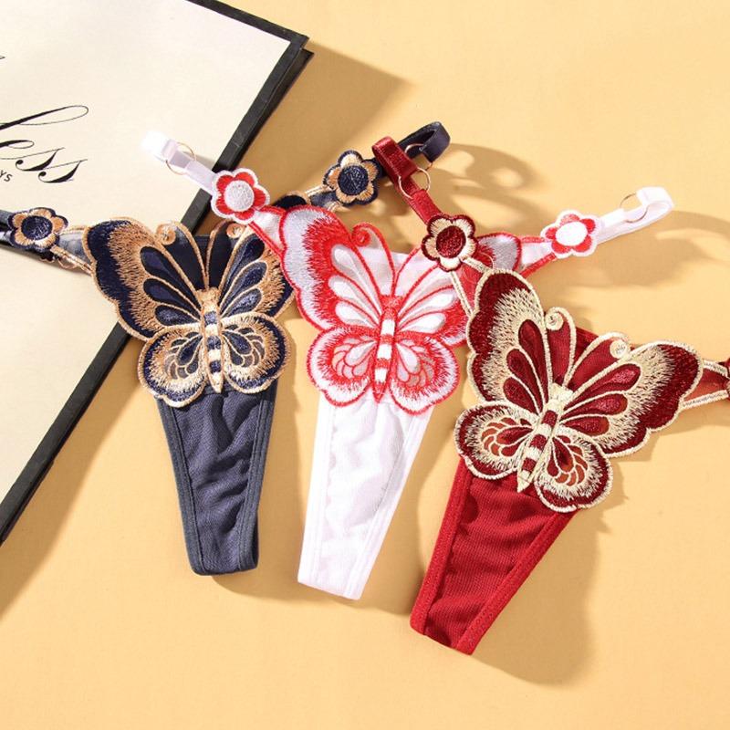 Cute Butterfly Embroidery Women Thongs G Strings Sexy Briefs Adjustable Waist Panties