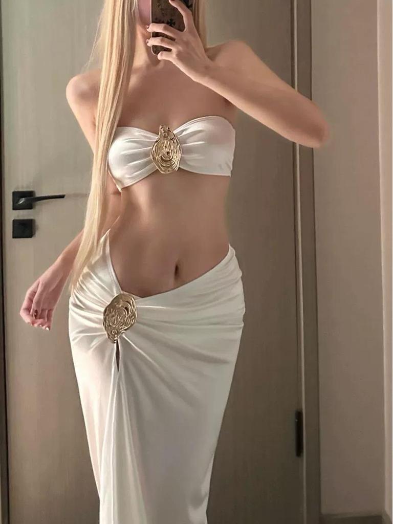 European & American Style Pleated Metal Bikini Set with Bandeau Top and Slit Skirt for Beach Vacations.