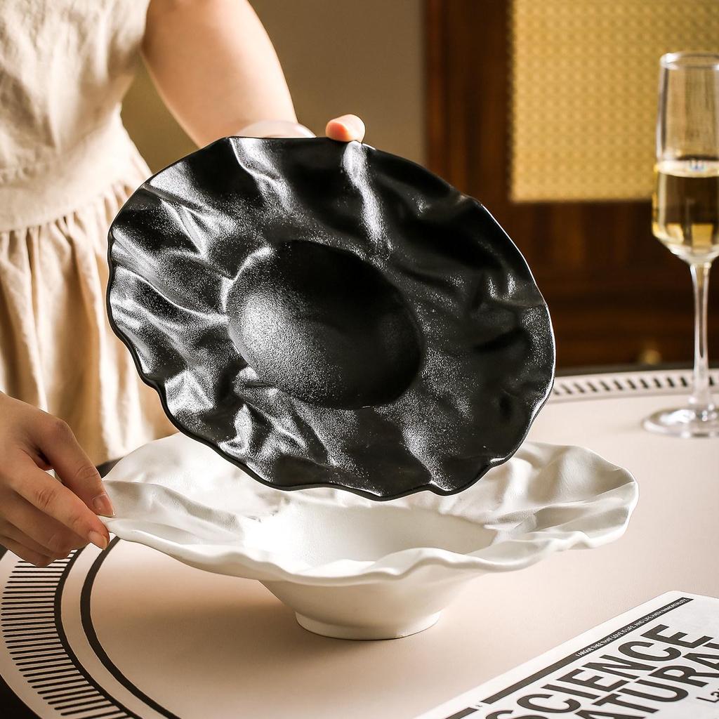 Large Japanese Ceramic Pleated Salad Plate - High-End Elegant Tableware