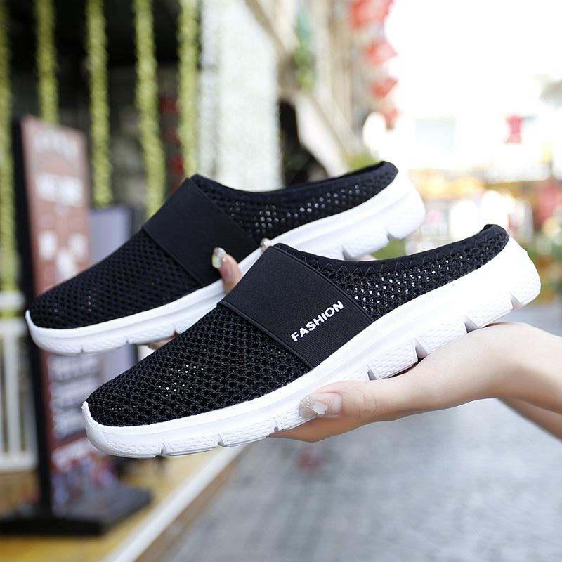Half Drag No Help Mesh Women's Shoes Summer 2025 New Wear Breathable Fly Knitting Women's Shoes Casual Lazy Half Slippers