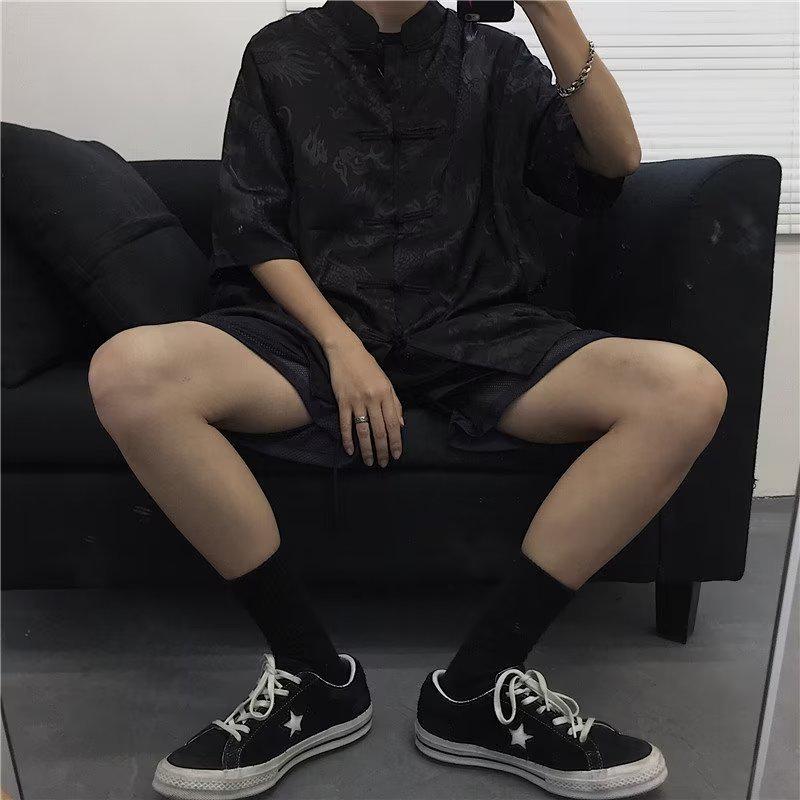 Men's Retro Chinese Tang Suit Short-Sleeved Dragon Pattern Shirt - National Trend Couple's Casual All-Match Jacket