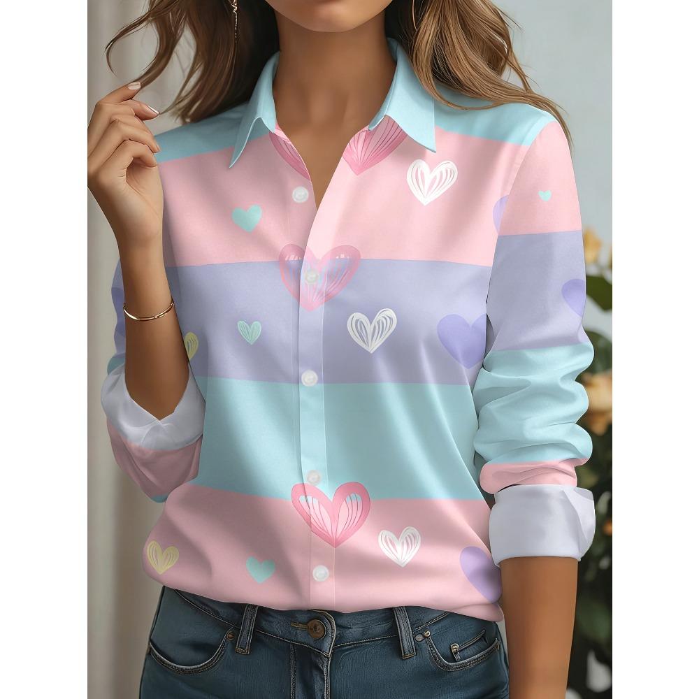 Women's Long-sleeved Shirt, Fresh Macaron Striped Love Print, Sweet Style Daily Casual Versatile Top