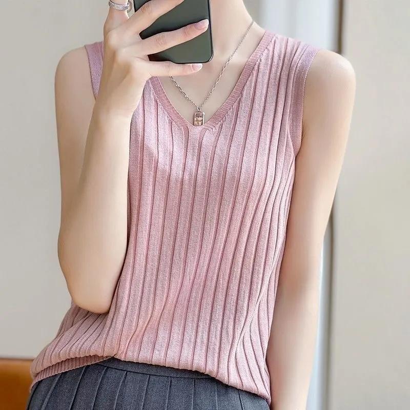 Damen Sommer V-Ausschnitt Lockerer Pullover Strickunterhemd Einfarbig Ärmelloses Unterhemd