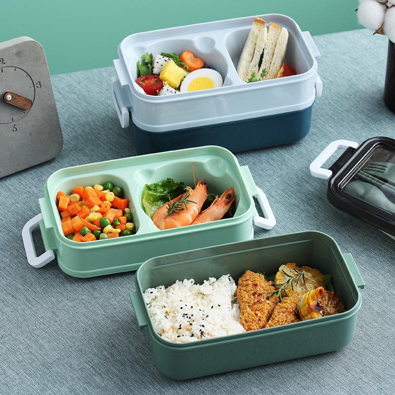School start season double-layer microwave oven lunch box, including soup bowl, knife, fork and spoon, school lunch box