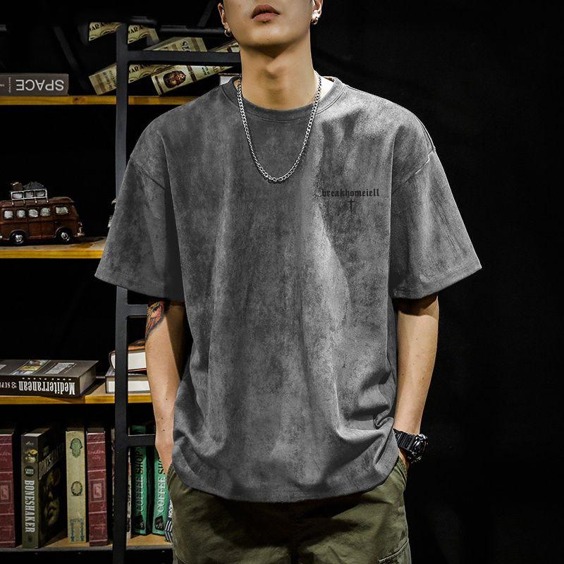 Fashionable Brand Pixie Letter Printed Suede T-shirt Men's Summer American Loose Casual Versatile Half-sleeved Shirt