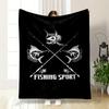 Two Crossed Fishing Rods with Fish Designs and "Fishing Sport" Text. for All Seasons Blanket Lunch Break Throw Gift