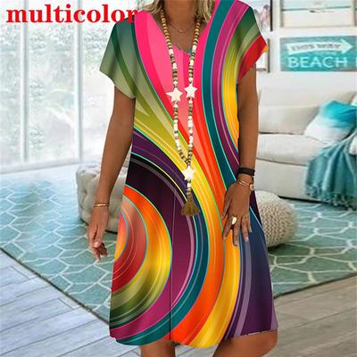 Nuovo Abito da Donna con Stampa 3D a Righe Arcobaleno Elegante Dolce Casual Scollo a V Manica Corta Abito A-Line Moda Estiva Abbigliamento Oversize