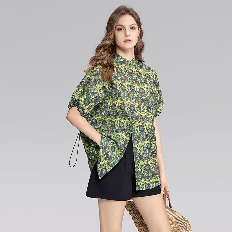 Women's Puff Sleeve Stand Collar Printed Shirt