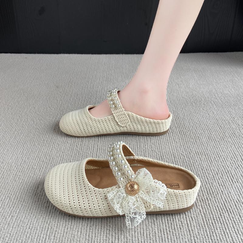 

CRLAYDK Women s Slip On Mules Knit Breathable Slippers Ladies Pearl Strap Backless Slide Walking Dressy Loafers Casual Shoes 35