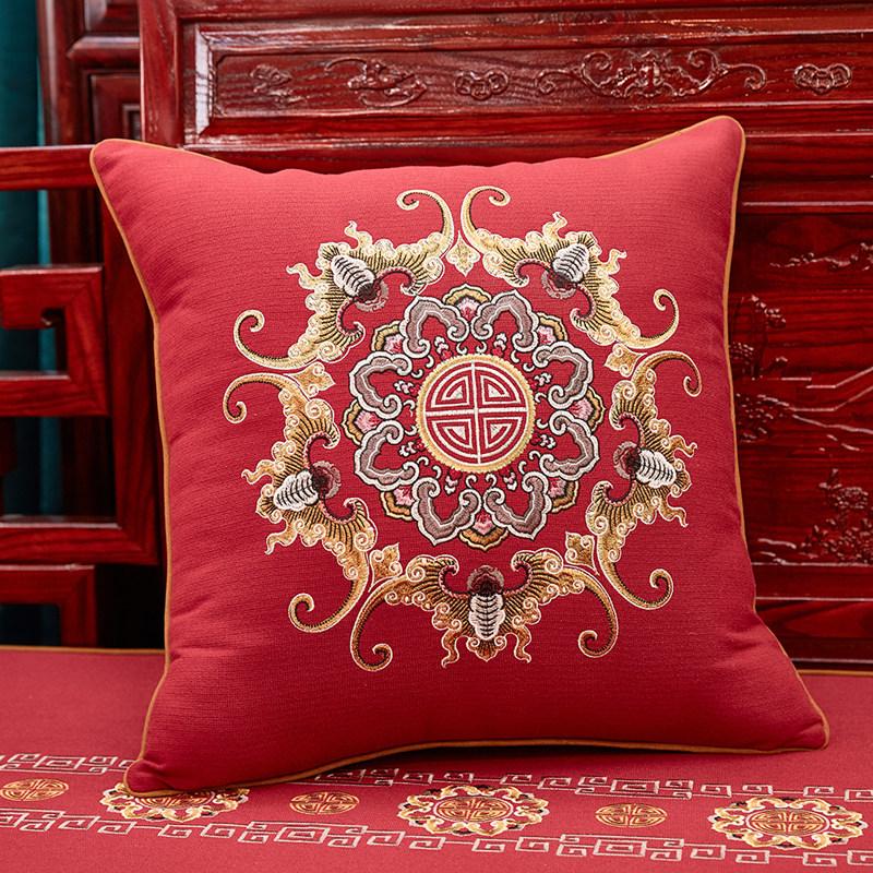 New Chinese-style Redwood Sofa Throw Pillow Cotton and Linen Headboard Soft Cushion Embroidery Large Cushion Cover