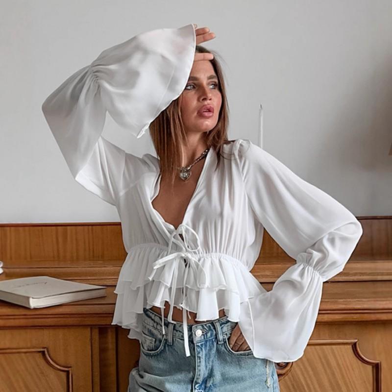 Womens White Chiffon Blouse V-Neck Loose Fit Flared Sleeve Tie Front Elegant Office Wear 2025