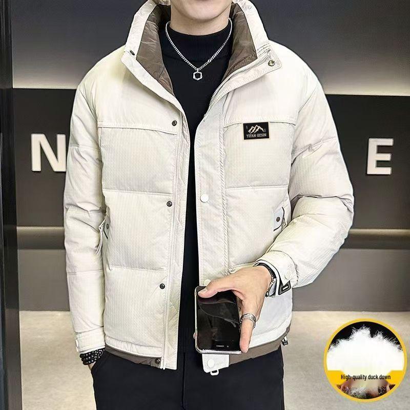 Echte Herren-Winter-Daunenjacke mit Stehkragen, schmaler Passform – Dicke, kurze Oberbekleidung