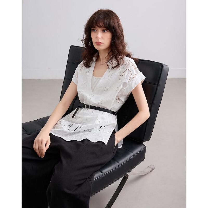 Demana Women's Pure Cotton Summer V-Neck Lace Short Sleeve Blouse with Contrast Belt