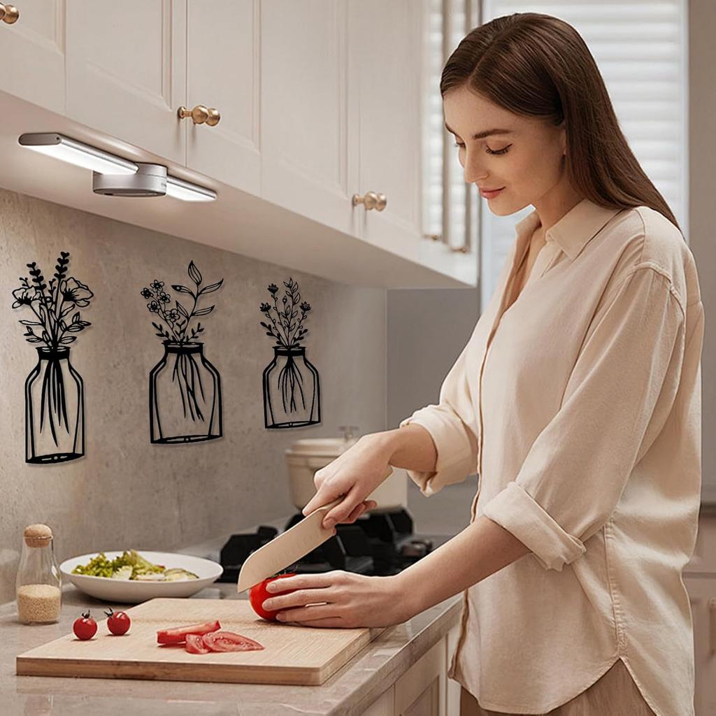 3 Pieces Black Metal Flower Vase Wall Art Decor Wire Wall Art Metal Wall Sculptures Iron Decorative Hanging for Indoor Kitchen Bathroom Dining Room