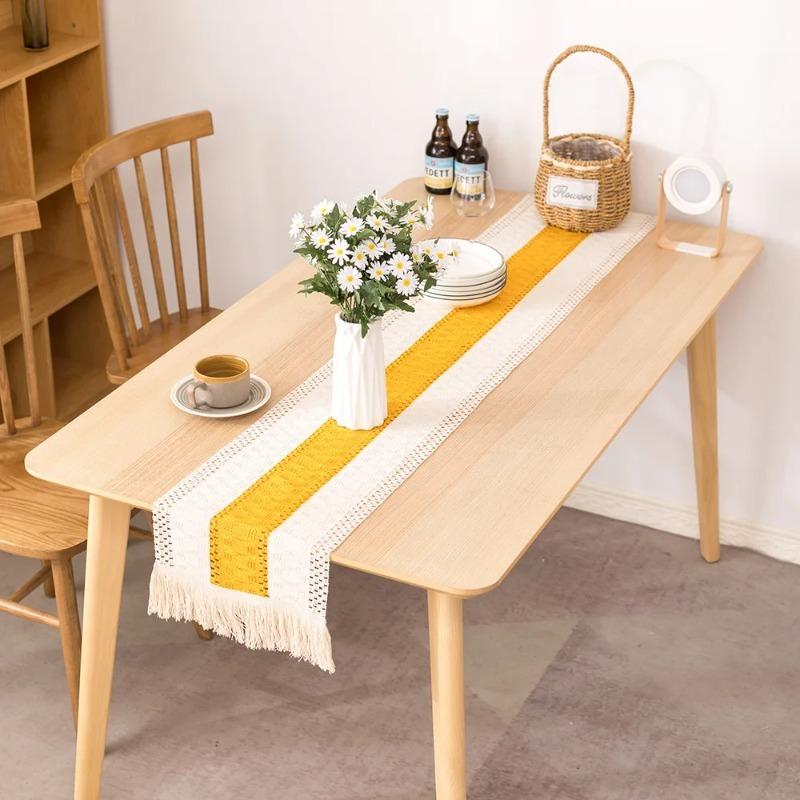 High Aesthetic Tassel Table Towel Bohemian Coarse Cotton Thread Crochet Party Decoration Long Table Flag
