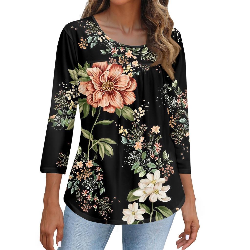 Damenmode Lässiges Dreiviertelarm-Oberteil mit Aufdruck und Rundhalsausschnitt