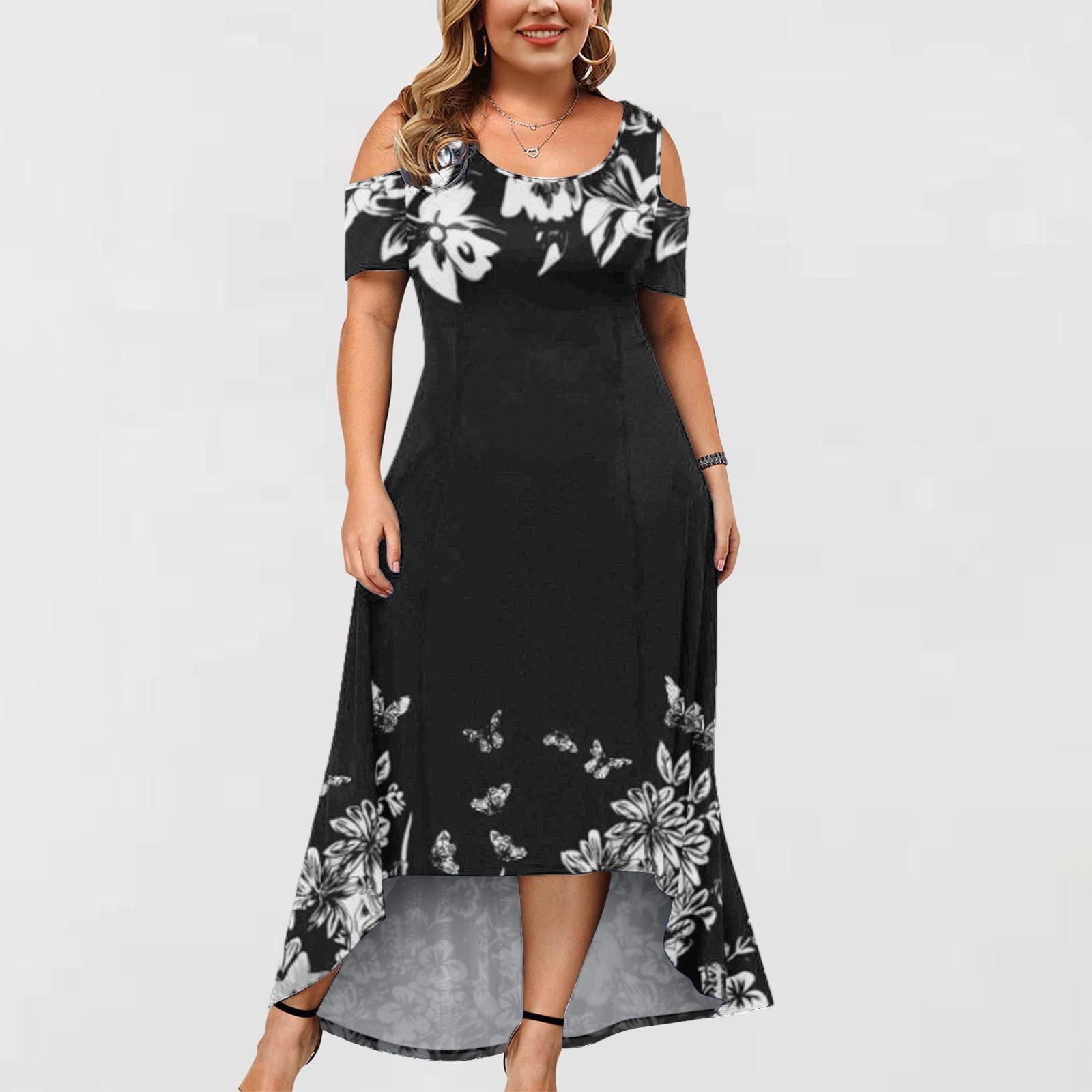 

Плюс размер женское модное платье с короткими рукавами и круглым вырезом с открытыми плечами и нерегулярным подолом XXXXL чёрный